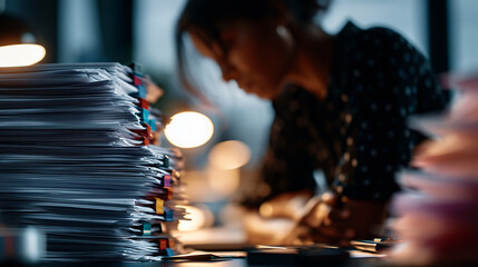 A silhouetted figure leans softly over a moody desk overwhelmed by a tall stack of paper documents with colorful binder clips in soft office light paperwork stress faceless