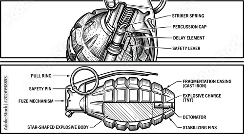 Tableau sur toile Detailed technical illustration of a hand grenade cross section showing internal
