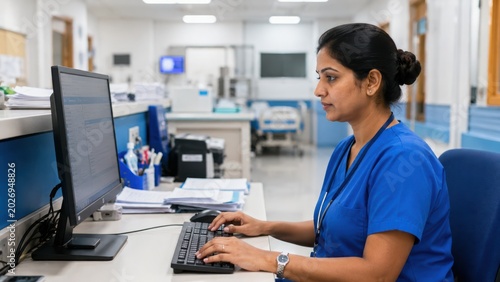 Focused indian nurse typing medical data on desktop computer at hospital reception desk with clinic background area.