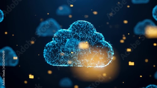 Glowing blue digital cloud connected by lines & points on dark background with squares