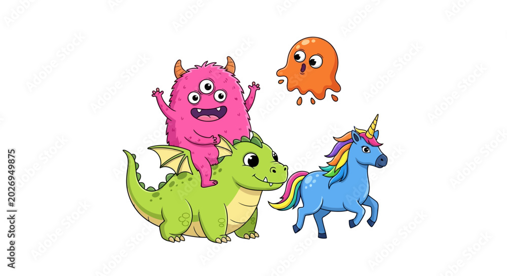 Fototapeta premium Colorful cartoon monsters dragon and unicorn characters isolated on white background