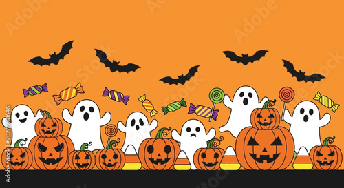 Quadro em tela Halloween ghosts and jack o lanterns.