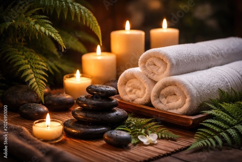 Massage therapy concept showing towel candles and hot stones beside fern leaves
