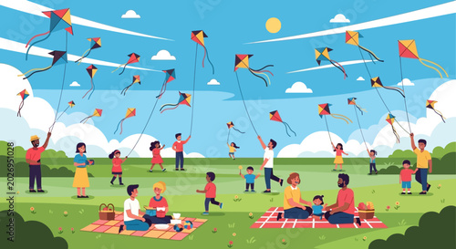 People flying colorful kites outdoors.