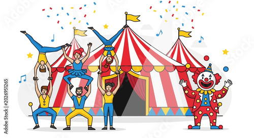 Tableau sur toile Clown and acrobats performing circus acts.