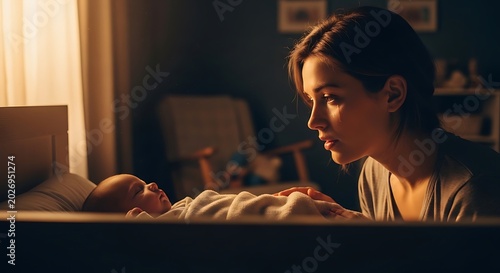 Mother gazes lovingly at sleeping newborn baby in cozy nursery with warm sunlight