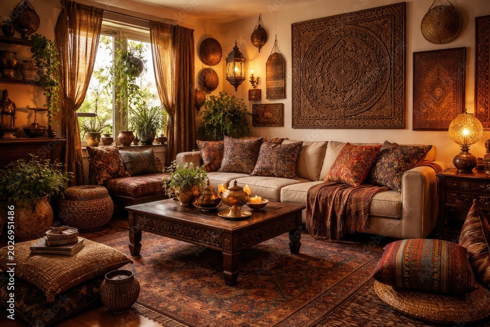 Fototapeta premium warm living room showcasing cultural artifacts and ethnic design details