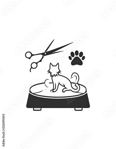 Stylized cat grooming scene with scissors, paw print