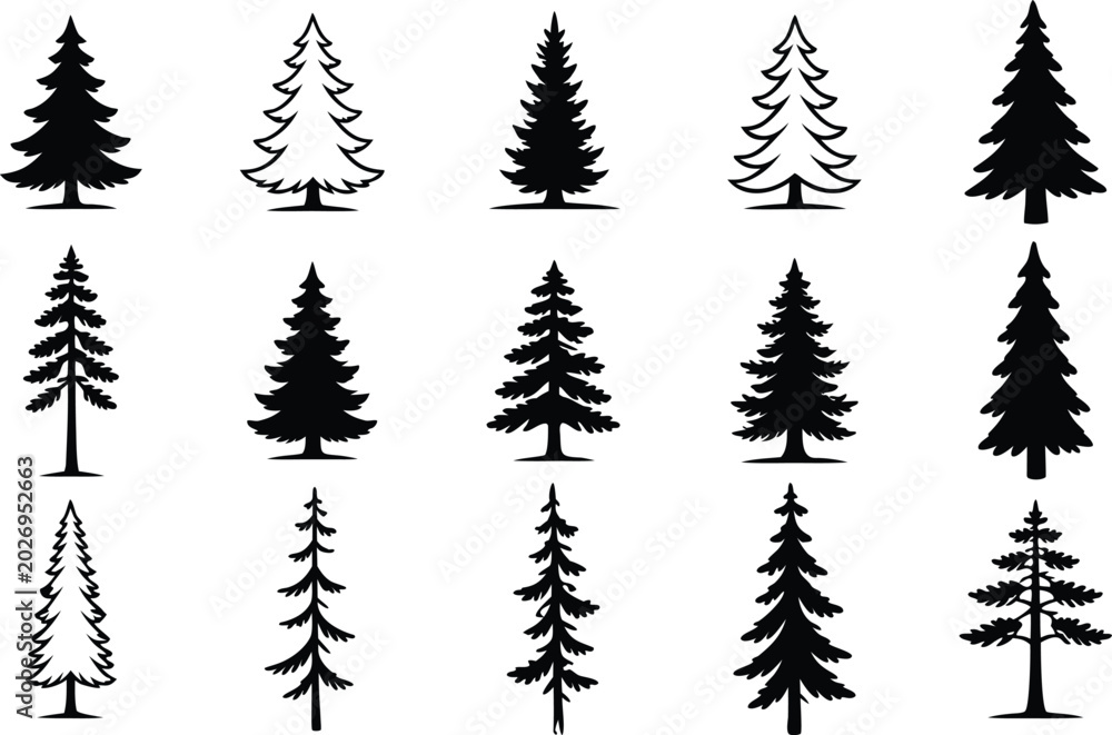 Obraz premium Pine tree silhouette vector set, fir tree vintage forest nature evergreen collection illustration