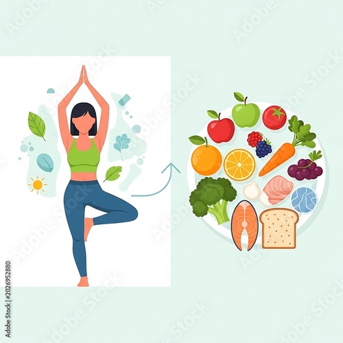 Woman practicing yoga with healthy food options presented on a plate