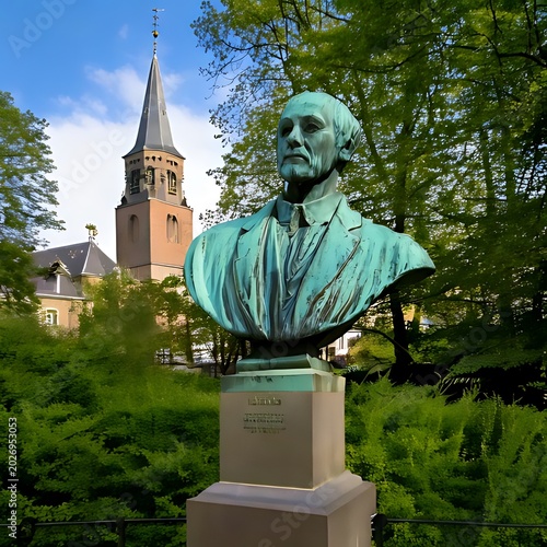 A statue of a distinguished man stands outdoors with a church in the background