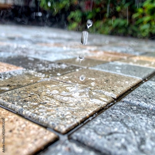 Raindrops hit paved ground