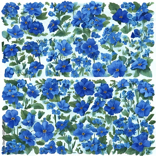 Bright blue flowers scattered across a light background