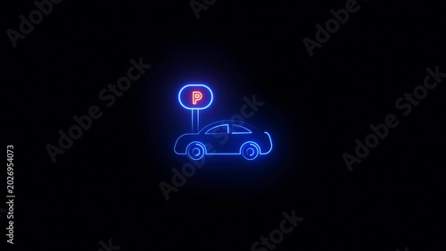 Neon glowing Car parking location icon video animation. Neon Car with a map pin and letter P icon video animation. Parking sign icon, letter P parking lot symbol animation.
