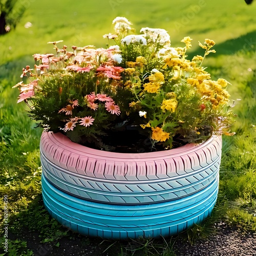 Colorful flower planter made from recycled tires