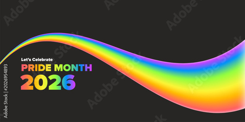 Let's Celebrate Pride Month 2026 horizontal banner with modern typography. Abstract vibrant fluid 3D rainbow wave on dark grey background. Minimalist pride month website header for LGBTQ community.