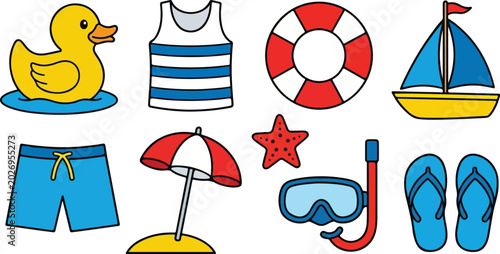 Summer beach and vacation icons with holiday season vacation swimsuit lifebuoy umbrella