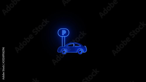 Neon glowing Car parking location icon video animation. Neon Car with a map pin and letter P icon video animation. Parking sign icon, letter P parking lot symbol animation.