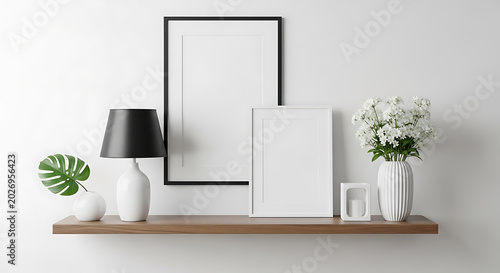 Minimalist home office desk setup with computer monitor, potted plant, and vase white