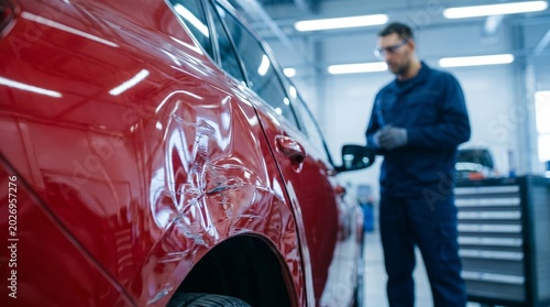 Professional auto body repair service. Close-up of a damaged red car fender after a collision, with a blurred mechanic in a modern garage background