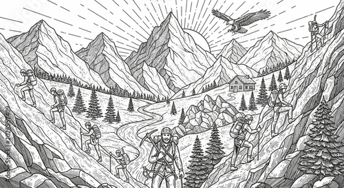 Mountain climbers ascend towards scenic mountain range with eagle overhead in grayscale