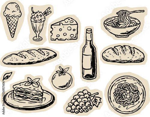 Food sketch collection, hand drawn culinary items with pasta bread wine cheese dessert ice cream. Gourmet doodle art, restaurant menu design element