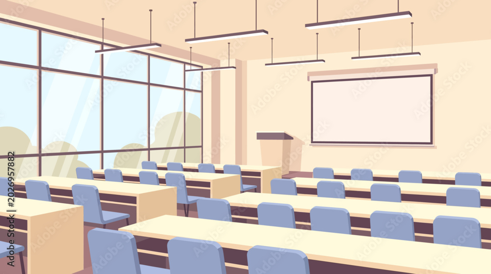Fototapeta premium A wide flat vector illustration shows an empty classroom with desks, chairs, and a whiteboard indoors.