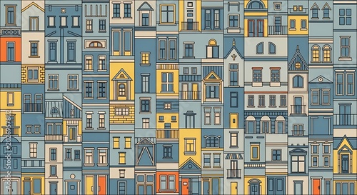 Seamless flat vector illustration of colorful building facades with diverse windows and doors in a vintage urban architectural style.