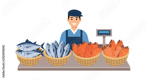 Bild auf Leinwand Fishmonger at Market Stall Vector Illustration