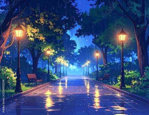Rainy park path at night (1)
