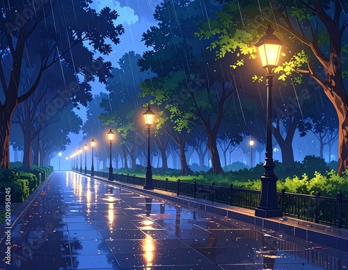 Rainy park path lit by lamps