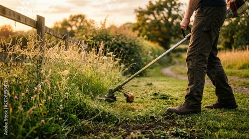 Gardener Trimming Overgrown Weeds with String Trimmer at Sunset.