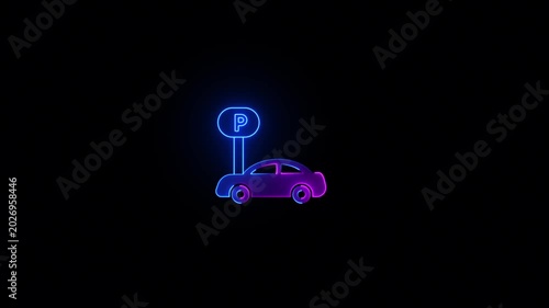 Neon glowing Car parking location icon video animation. Neon Car with a map pin and letter P icon video animation. Parking sign icon, letter P parking lot symbol animation.