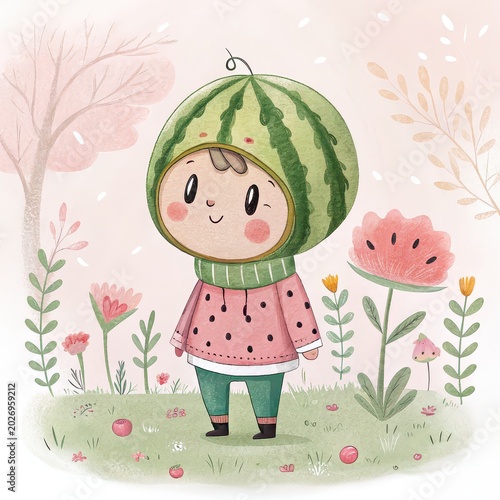 Cute watermelon child watercolor illustration in dreamy floral field, whimsical fruit costume character, nursery decor, kids storybook art, playful pastel design