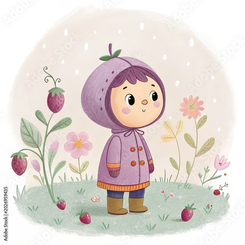 Cute plum child watercolor illustration in whimsical flower garden, playful fruit costume character, nursery wall art, kids storybook design, pastel decor