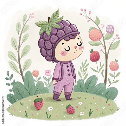 Cute grape child watercolor illustration in whimsical berry garden, adorable fruit costume character, nursery wall art, kids storybook design, pastel floral decor