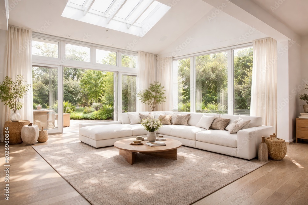 Fototapeta premium Spacious architectural living area with white sofa and abundant natural light through windows