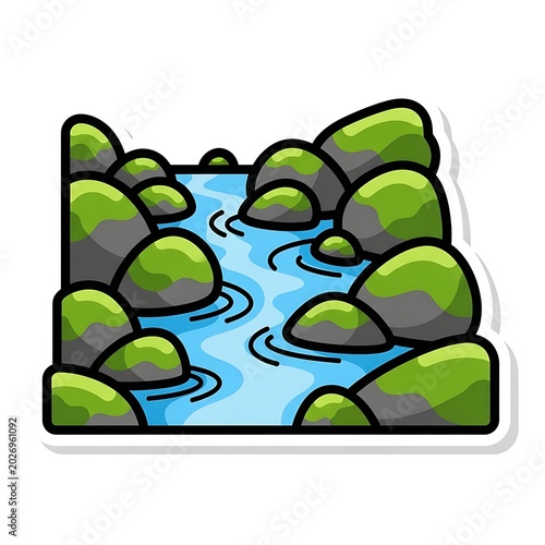 Stream flowing through mossy rocks, a simple, stylized illustration