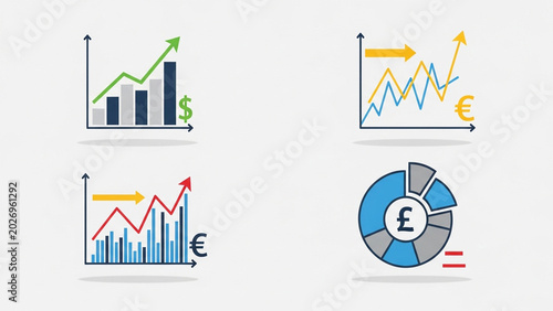Financial Charts and Graphs with Upward Trends and Currency Symbols for Business and Investment Analysis