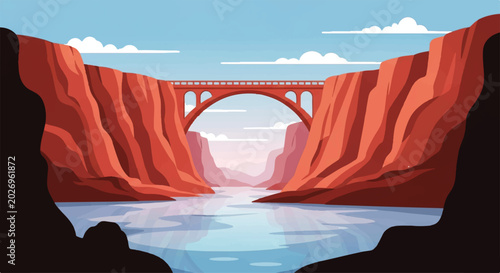 Canvas Print Vector flat design illustration of a majestic red rock canyon with a bridge over