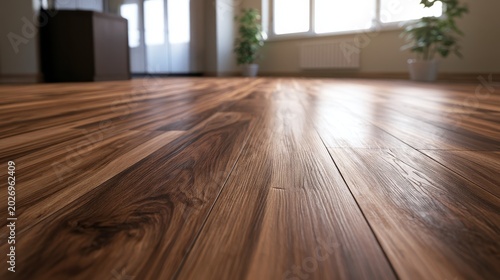 High quality photo of low angle shot focuses on luxury vinyl plank flooring inside home. Floor wood planks create warm, cozy ambiance in house interior. Laminate parquet design.