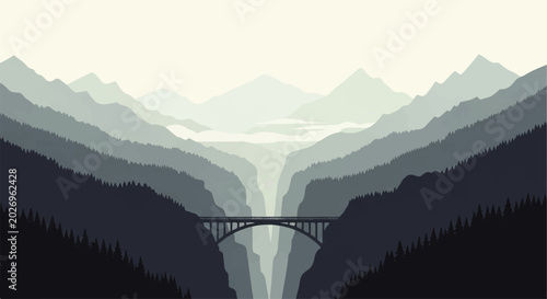 Foto Vector flat design illustration of a majestic mountain range with a bridge spann