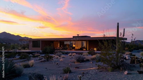 Desert Modern House at Sunset with Warm Evening Sky