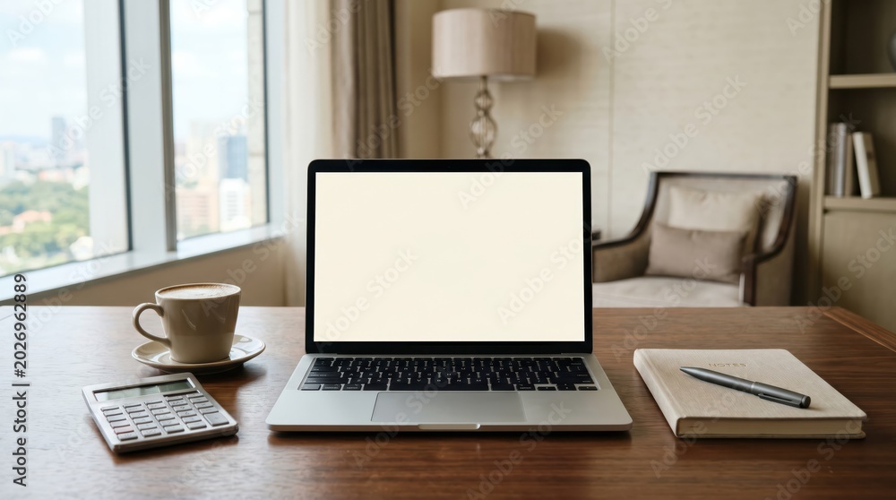 Fototapeta premium Front view laptop with coffee calculator and notebook on desk