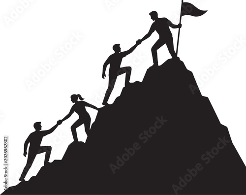 Silhouette illustration of a diverse team of people helping each other climb up a mountain to reach the peak success