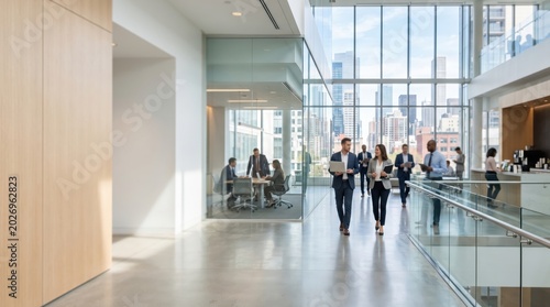 Business people walking in glass office atrium