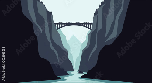 Photos Vector flat design illustration of a majestic bridge spanning a deep canyon with