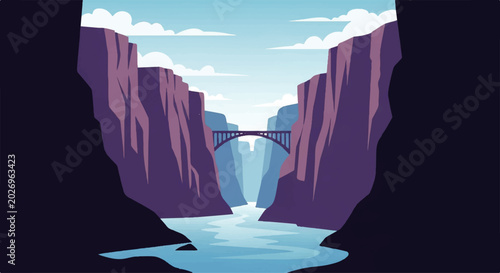 Cuadro en lienzo Vector Flat Design Illustration of a majestic canyon with a river flowing throug