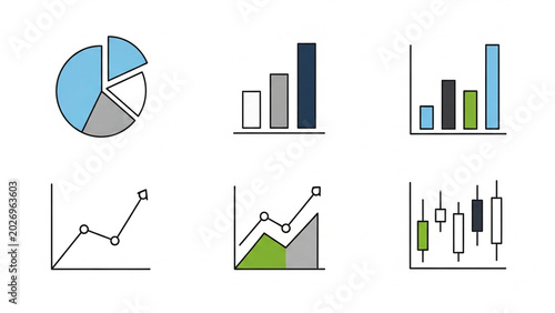 Set of Six Business Charts and Graphs Including Pie Chart Bar Chart and Candlestick Chart