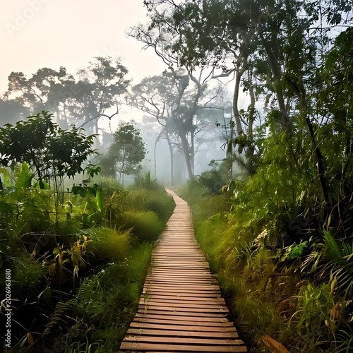 Wooden boardwalk winds through lush, misty jungle foliage at sunrise